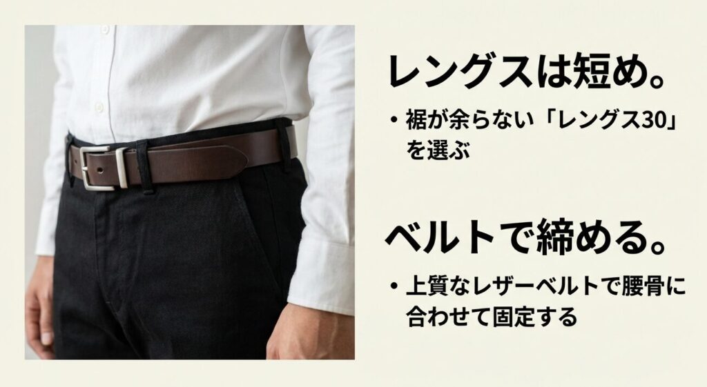裾が余らない「レングス30」を選び、上質なレザーベルトで腰骨に合わせて固定する着こなしのコツ