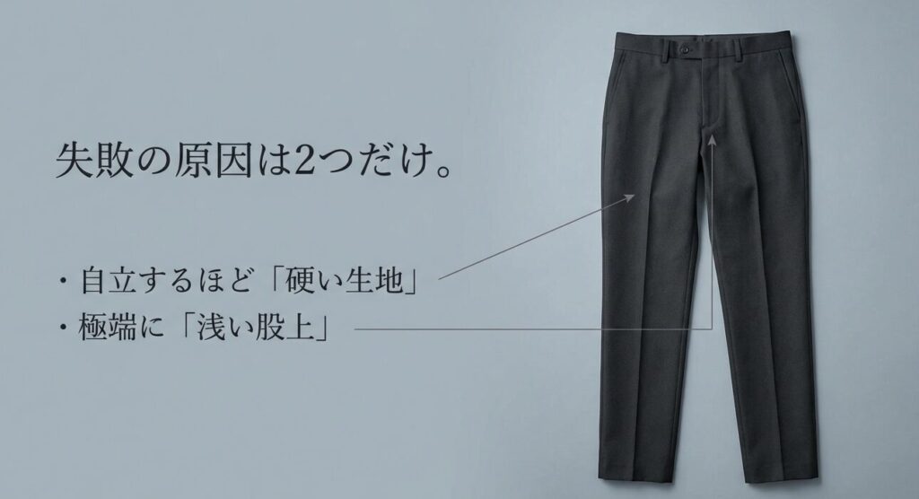 ディッキーズ873の着こなし失敗の原因である「自立するほどの硬い生地」と「極端に浅い股上」の図解