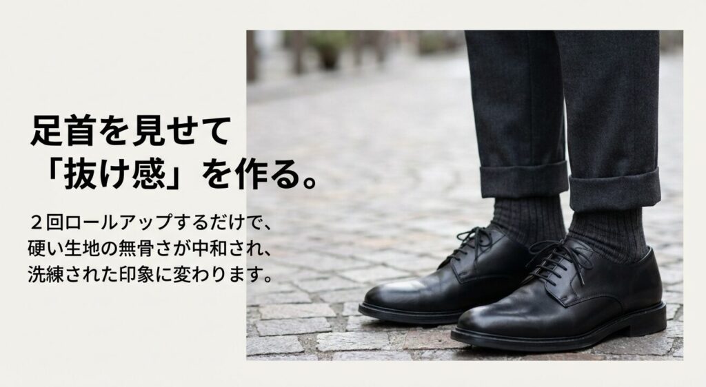 2回ロールアップして足首を見せ、抜け感を作ることで硬い生地の無骨さを中和させるテクニック