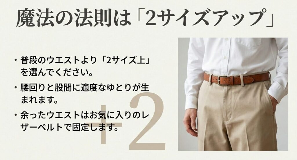 普段より2つ上のサイズを選ぶことで窮屈さと不自然なシワが解消される「2サイズアップ」の推奨