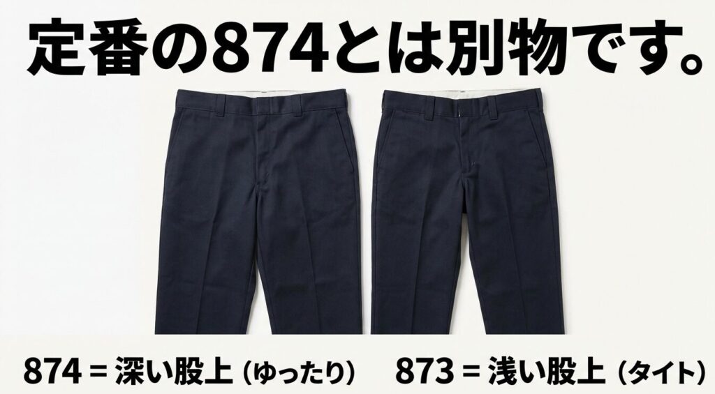 深い股上でゆったりとした874と、浅い股上でタイトな873の違いを示す比較図