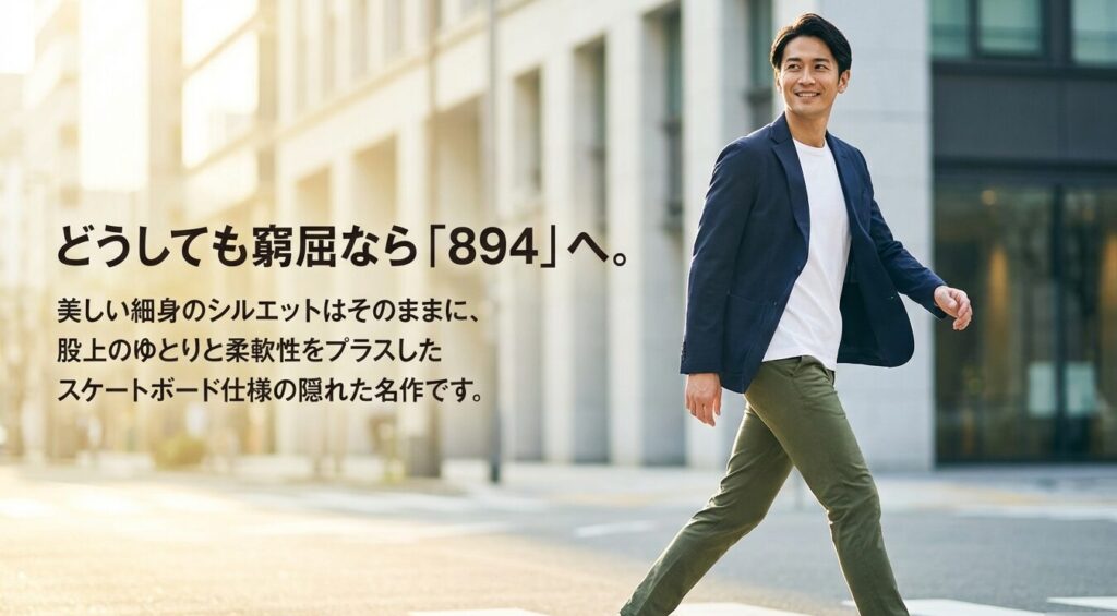 美しい細身のシルエットを保ちつつ、股上のゆとりと柔軟性をプラスしたスケートボード仕様の隠れた名作「894」の紹介