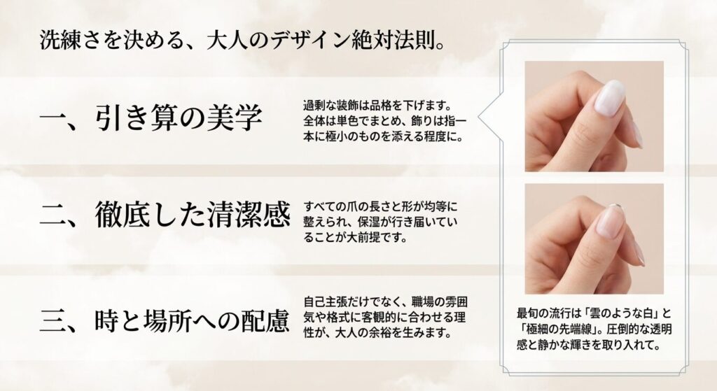 大人上品なネイルデザインを決める引き算の美学と清潔感の法則