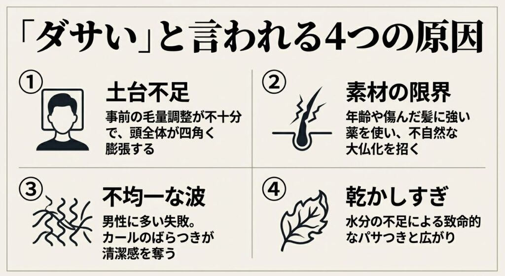 ダサいと言われるパーマの4つの原因(土台不足、不均一な波、素材の限界、乾かしすぎ)