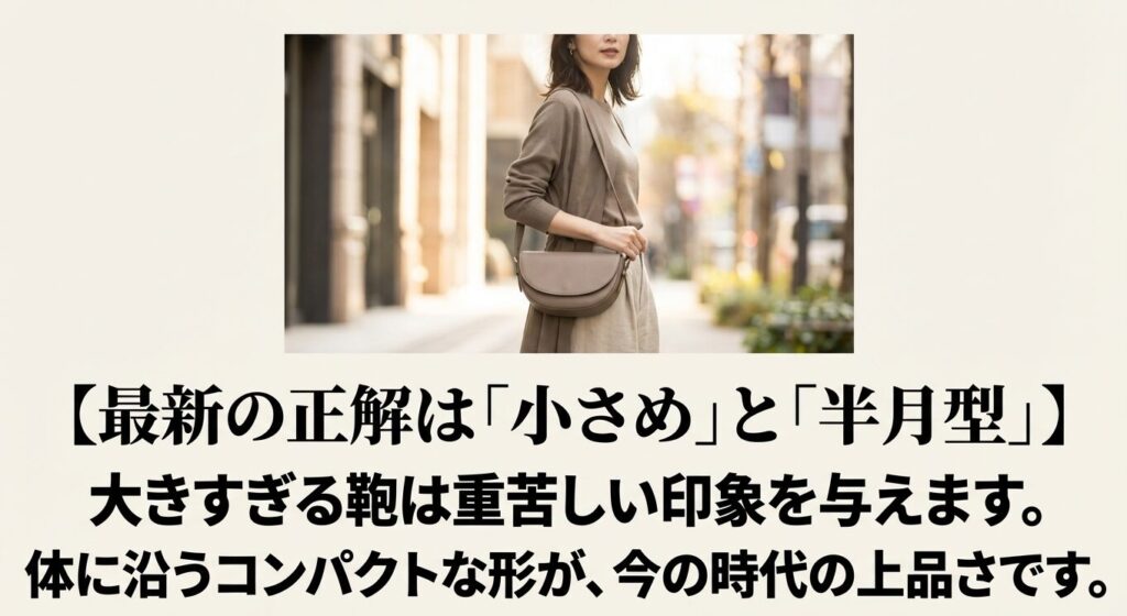 最新の正解である小さめで体に沿う半月型(ハーフムーン)のコンパクトなバッグ