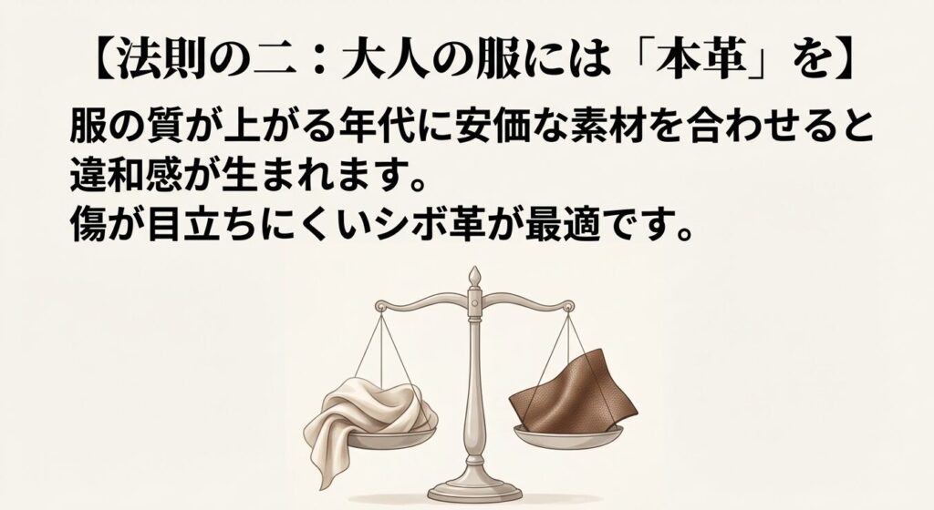 法則の二:大人の服には本革を。安価な素材と本革を比較した天秤のイラスト