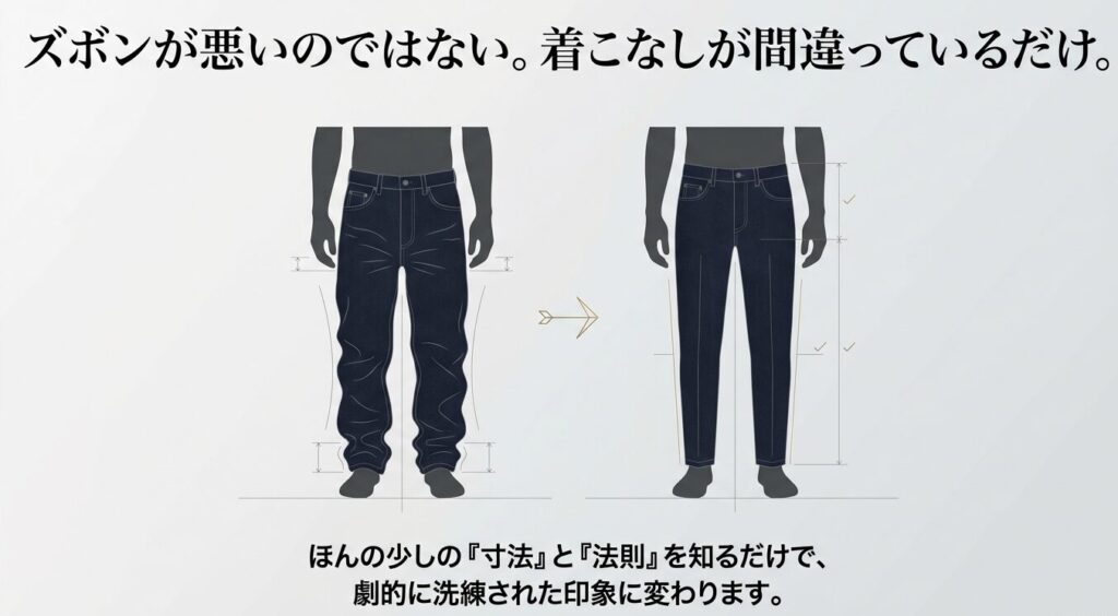 リーバイス505の着こなし方によるシルエットの違い。ダサく見えるサイズ感と洗練された寸法の比較図