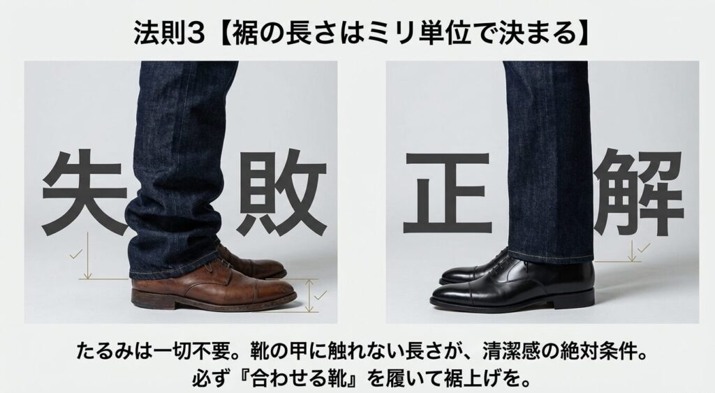 リーバイス505の裾の長さの比較。たるみのある失敗例と、靴の甲に触れない清潔感のある正解(ノークッション)の比較写真