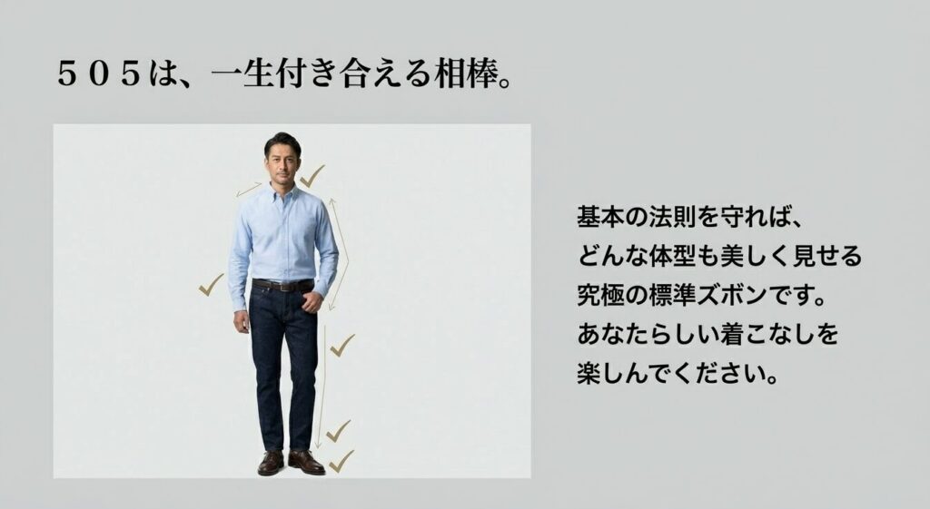505は一生付き合える相棒。基本の法則を守ればどんな体型も美しく見せる究極の標準ズボンですというメッセージ