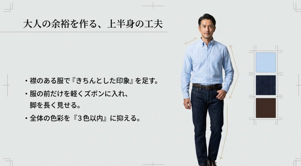 リーバイス505に襟付きシャツを合わせ、フロントタックを行い、全身の色彩を3色以内に抑えた大人のメンズコーディネート例