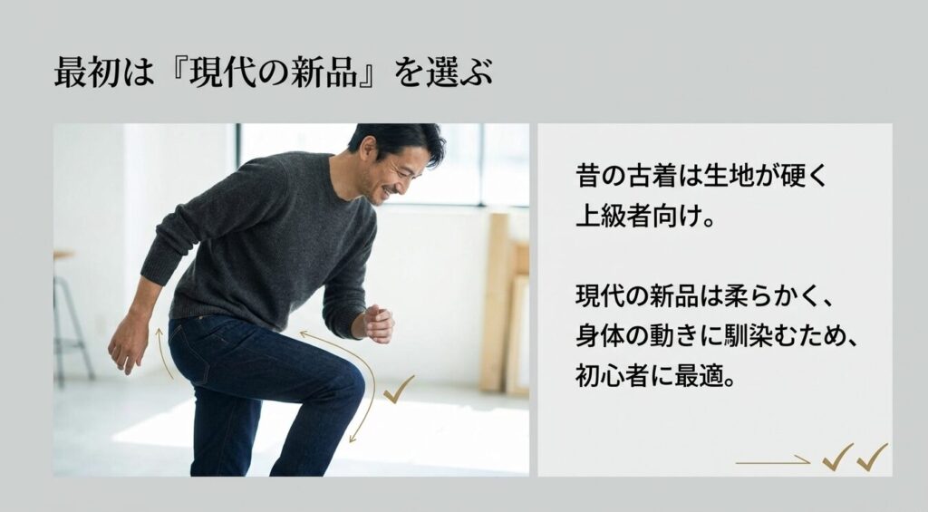身体の動きに馴染みやすく、初心者に最適な柔らかい生地のリーバイス505現行(新品)モデルの着用イメージ