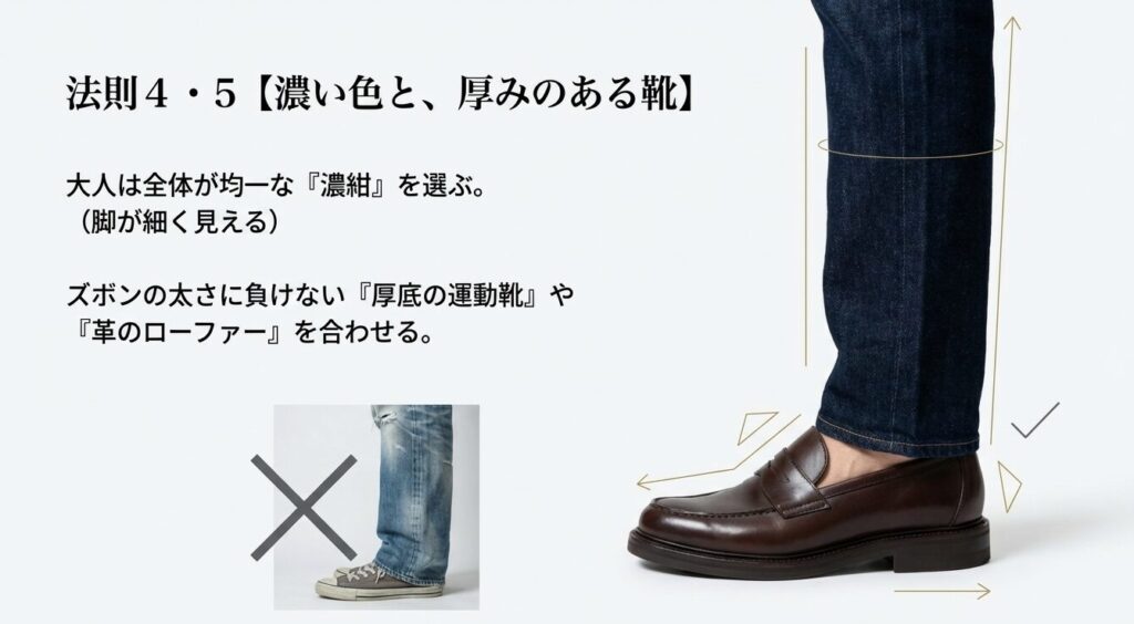 リーバイス505の裾幅に負けない厚底の靴や革のローファーの正解例と、ソールの薄いスニーカーを合わせた失敗例の比較