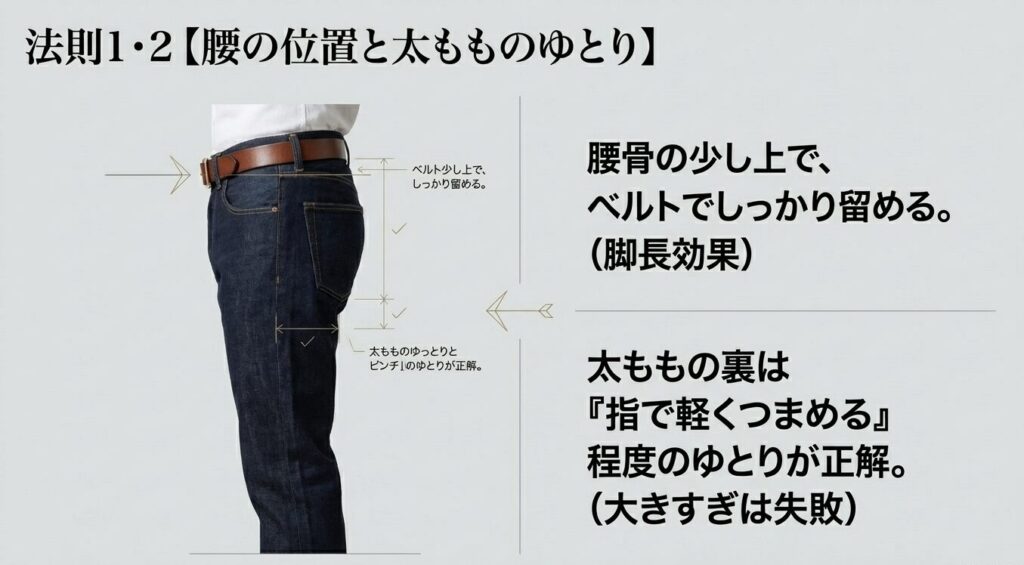 リーバイス505の正しいサイズ選び。ベルトを腰骨の少し上で留め、太もも裏に指でつまめる程度のゆとりを持たせる法則