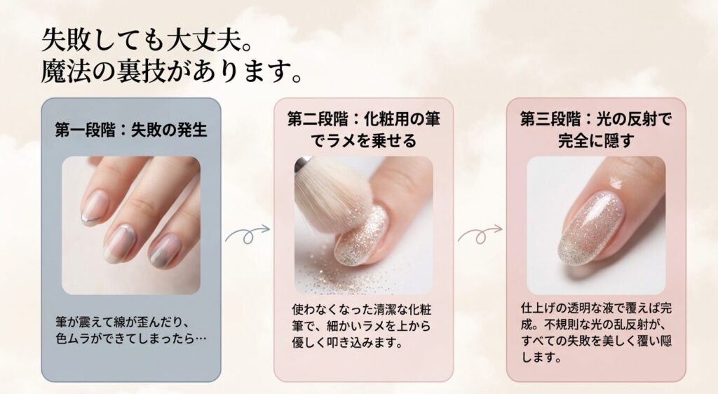 セルフネイルのヨレや色ムラの失敗を隠すグリッタープレス裏技