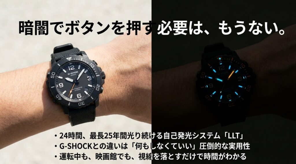 ルミノックスのLLT自己発光システムによる暗闇での視認性とG-SHOCKとの違い