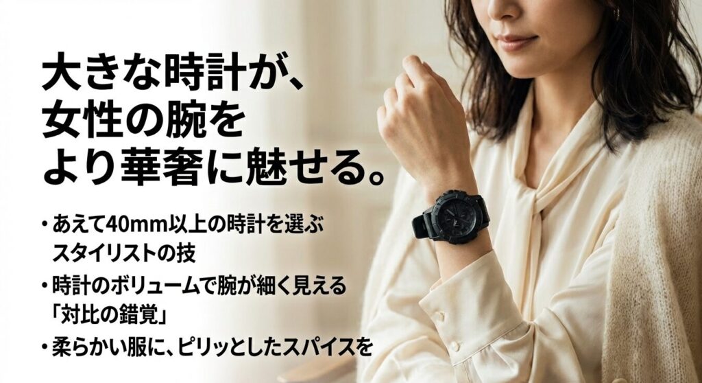 大きなルミノックス時計が女性の腕を華奢に見せる対比の錯覚