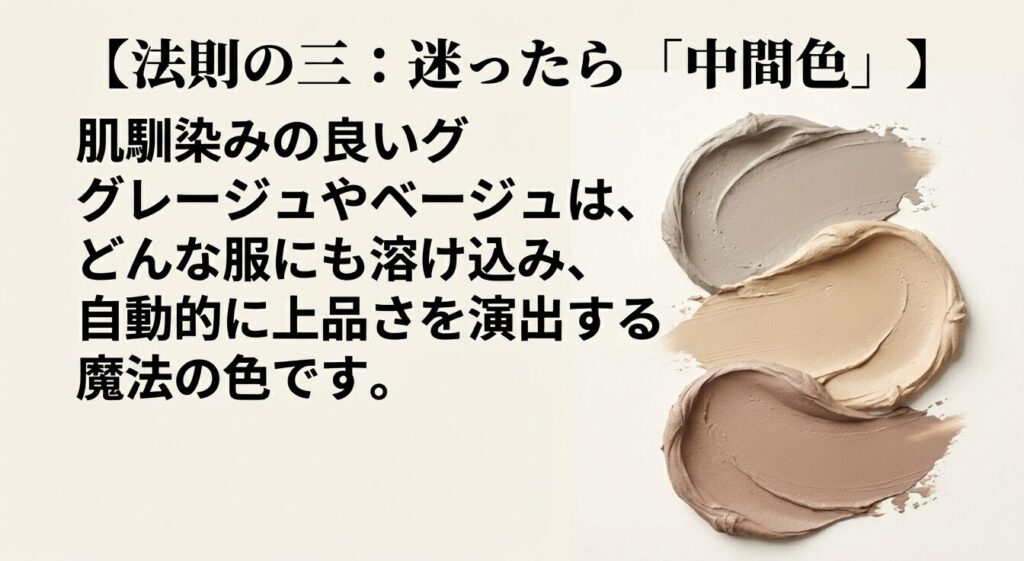 法則の三:迷ったら中間色。肌馴染みが良くどんな服にも溶け込むグレージュやベージュ