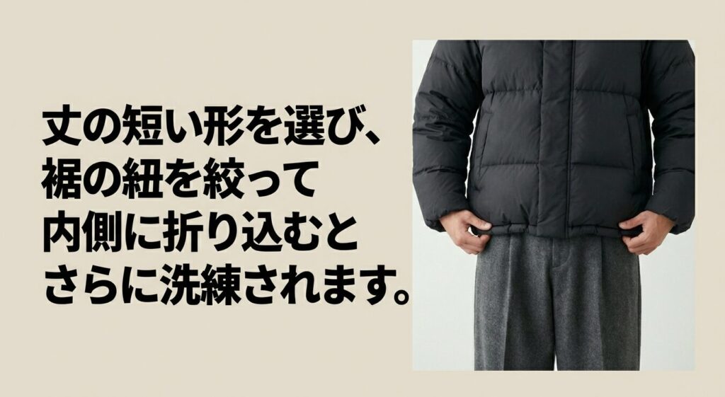 ダウンの裾の紐を絞って内側に折り込み、洗練されたバルーンシルエットを作る着こなしテクニック