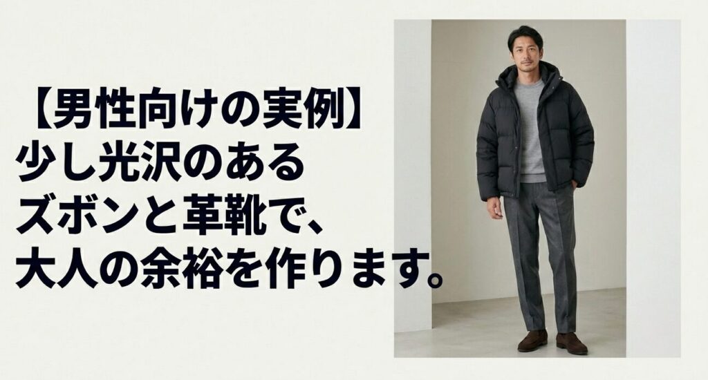 少し光沢のあるズボンと革靴を合わせた、大人の余裕を感じさせる男性向けダウンコーディネート例