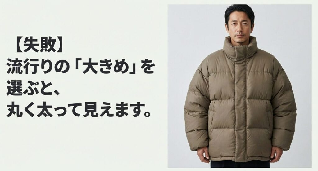 流行りの大きめサイズを選んで丸く太って見えてしまうダウンジャケットのNG着用例
