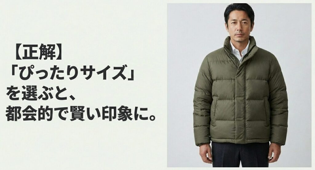 ぴったりサイズを選んで都会的でスマートな印象を与えるダウンジャケットの正解着用例