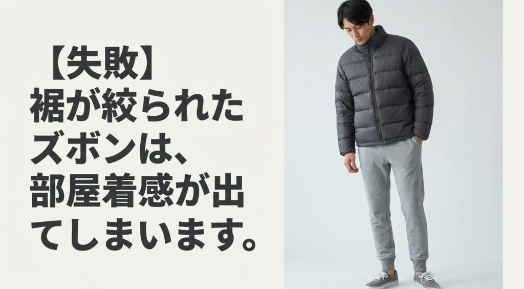 裾が絞られたスウェットズボンを合わせて部屋着感が出てしまっているダウンのNGコーディネート例