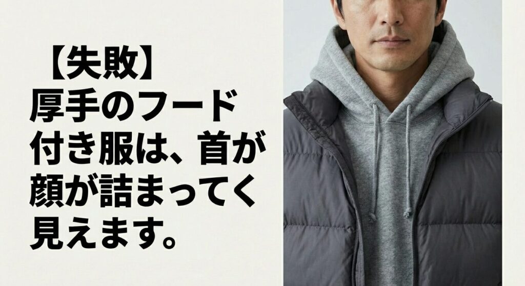 厚手のフード付きパーカーを合わせて首周りが詰まって見えるダウンのNGレイヤード例