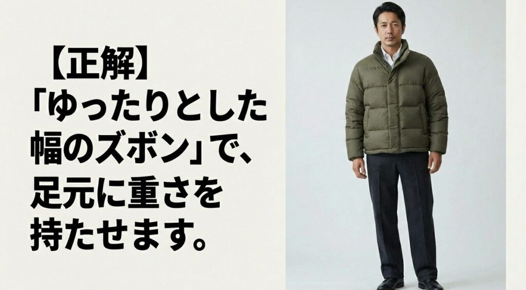 ゆったりとした幅のワイドパンツを合わせて足元に重さを持たせたダウンの正解コーディネート例