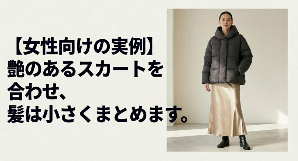 艶のあるスカートを合わせ、髪を小さくまとめた女性向けの洗練されたダウンコーディネート例