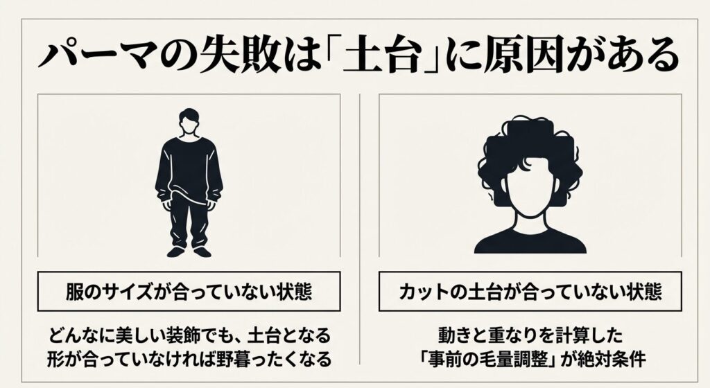 パーマの失敗は土台に原因がある。服のサイズが合っていない状態と同じ