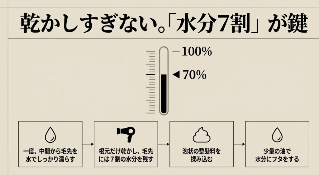 パーマのスタイリングは乾かしすぎない水分7割が鍵