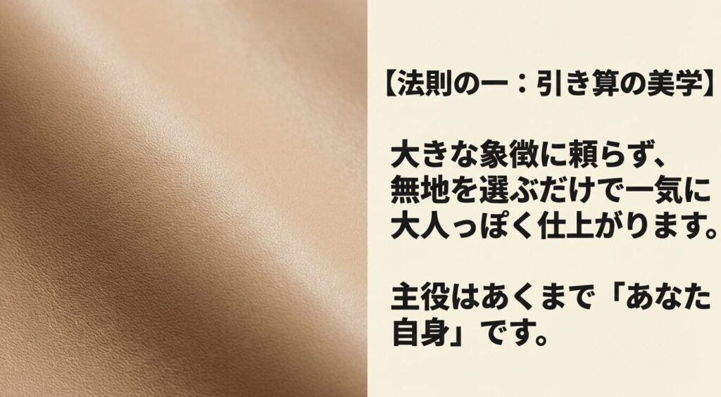 法則の一:引き算の美学。大きな象徴に頼らず無地を選ぶことで大人っぽく仕上がる
