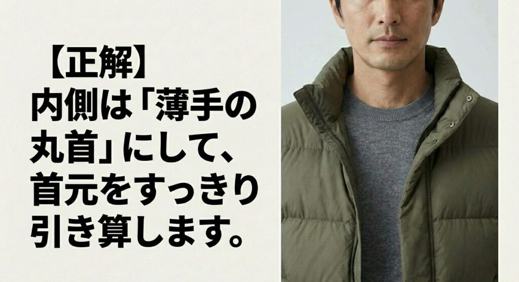 内側に薄手の丸首インナーを合わせて首元をすっきりさせたダウンの正解レイヤード例