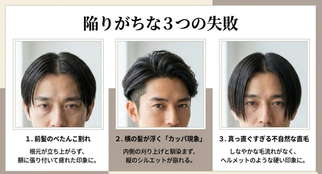 センターパートで陥りがちな3つの失敗例。前髪のぺたんこ割れ、横の髪が浮くカッパ現象、真っ直ぐすぎる不自然な直毛