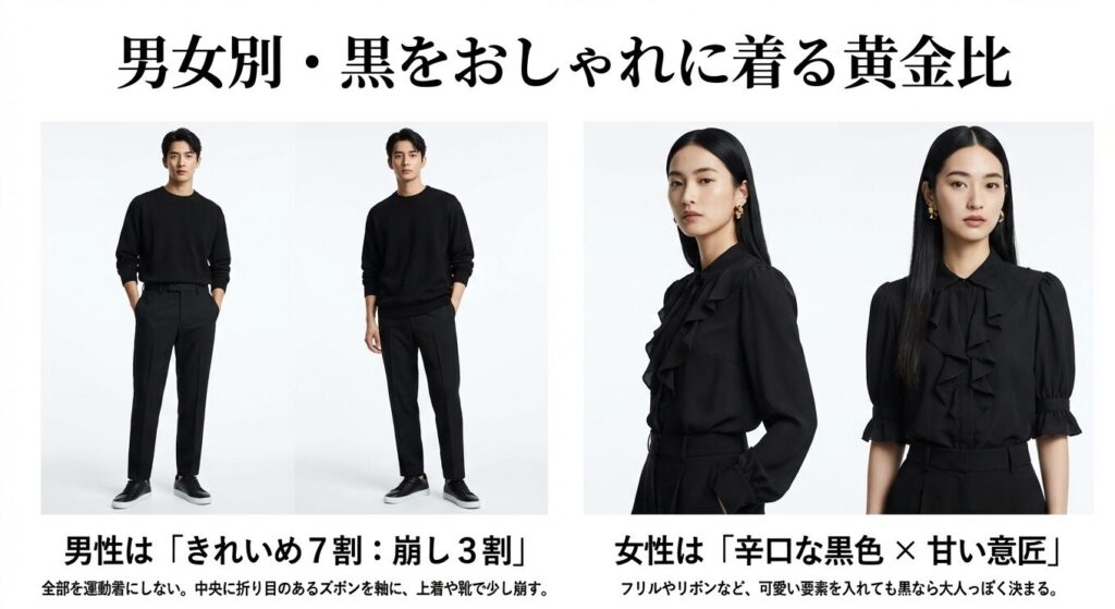 男女別の黒コーデの黄金比(男性はきれいめ7割、女性は辛口×甘い意匠)の解説