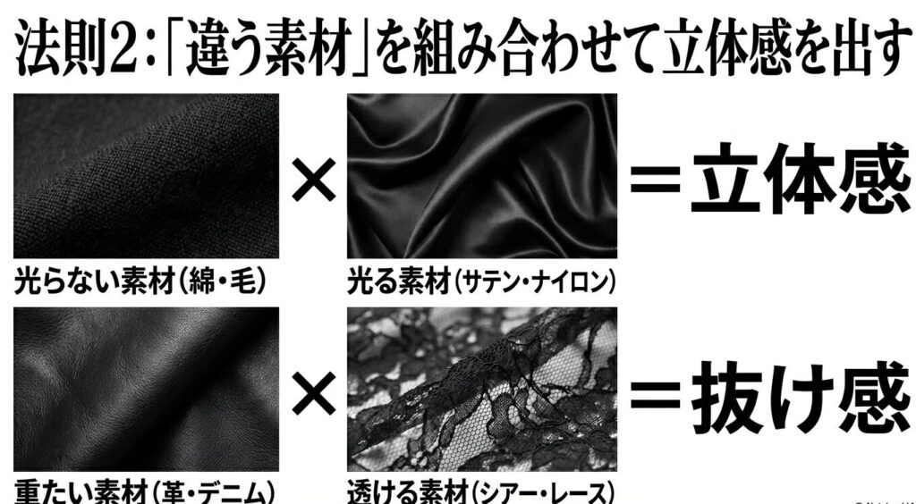 黒コーデに立体感と抜け感を出す異素材ミックス(光沢素材や透け感素材)の解説画像