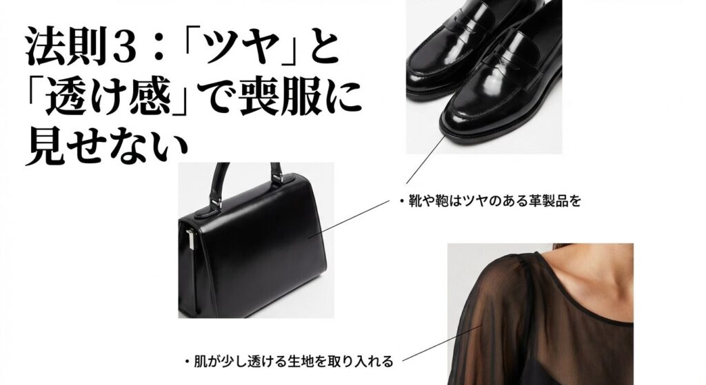 黒コーデを喪服に見せないためのツヤのある革製品や肌が透ける生地の活用例