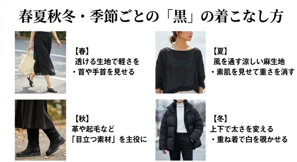 オールブラックコーデの春夏秋冬それぞれの季節に合わせた素材や着こなし方の解説