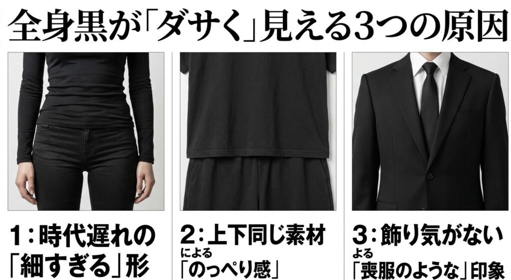 全身黒コーデがダサく見える原因(時代遅れの形、上下同じ素材、飾り気がない)の解説スライド