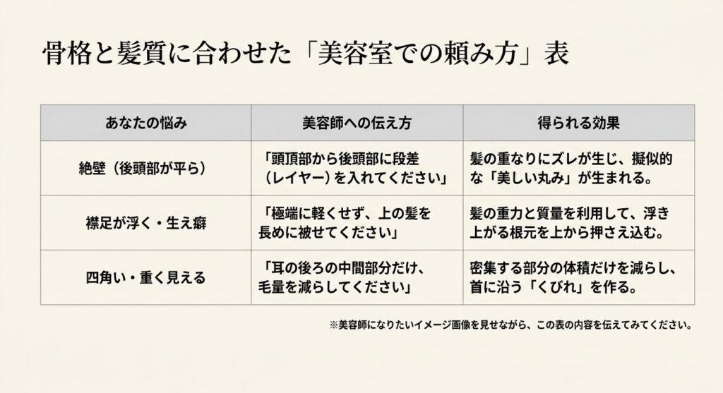 骨格と髪質に合わせた美容室でのボブの頼み方と得られる効果の一覧表