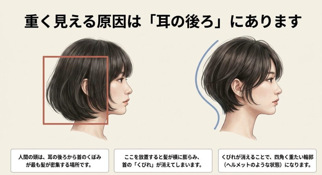 ボブの後ろ姿が四角く重くなる原因である、耳の後ろから首のくぼみにかけての髪の密集を示す図解