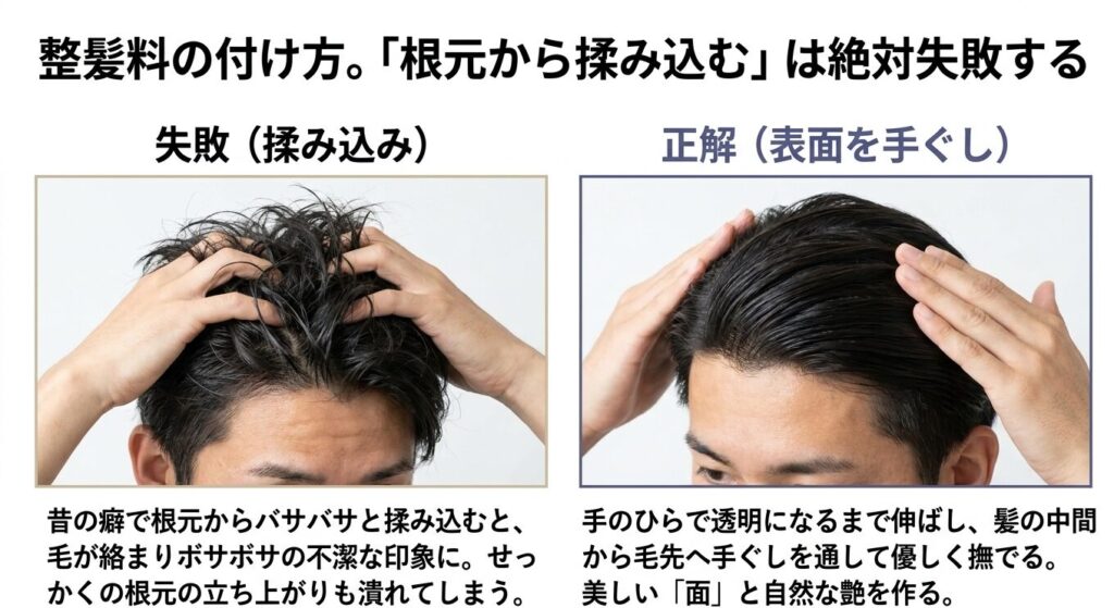 スタイリング剤の揉み込み塗布の失敗例と、手ぐしで優しく撫でる正解例の比較