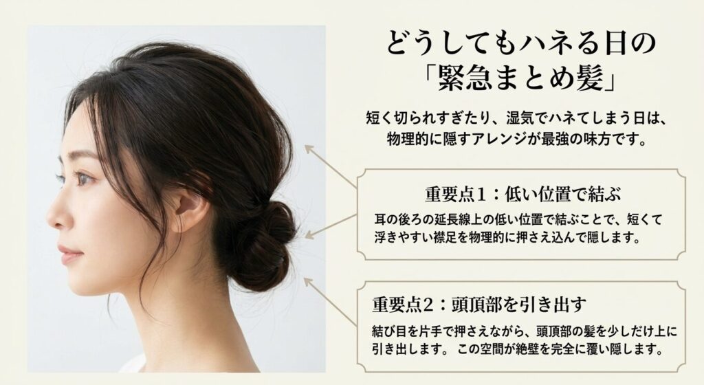 はねる日や短く切られすぎた日に襟足を隠す、低い位置のお団子ヘアアレンジ