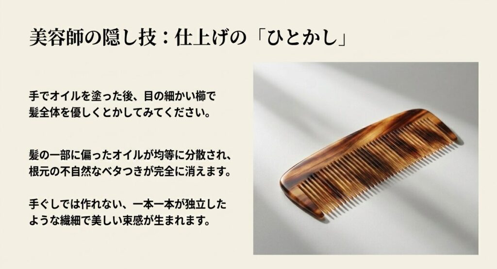 ヘアオイルを均等に分散させて束感を作るために使用する目の細かいコーム