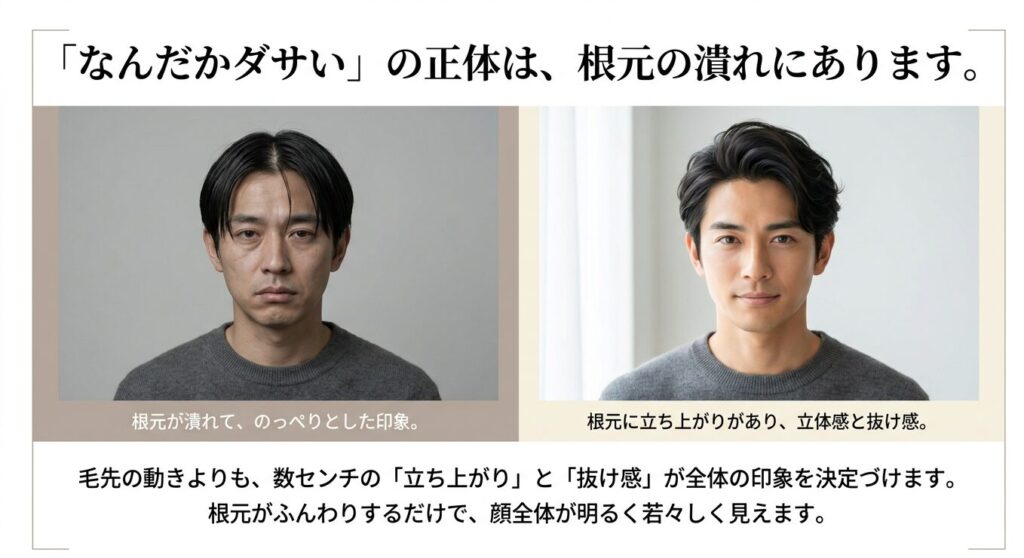 根元が潰れてのっぺりとしたセンターパートと、根元が立ち上がり立体感と抜け感のあるセンターパートの比較画像