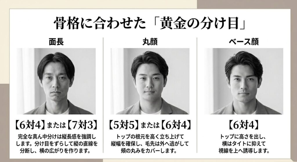 面長、丸顔、ベース顔など、それぞれの骨格に合わせたセンターパートの黄金の分け目比率（6対4、7対3、5対5）