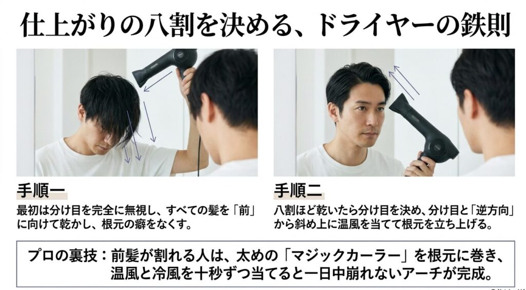 センターパートの形の8割を決める正しいドライヤーの乾かし方。前へ乾かし、逆方向から風を当てる手順