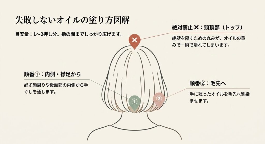 ボブヘアにヘアオイルを塗る際の正しい順番（内側・襟足から毛先へ）とトップへの塗布禁止を示す図解