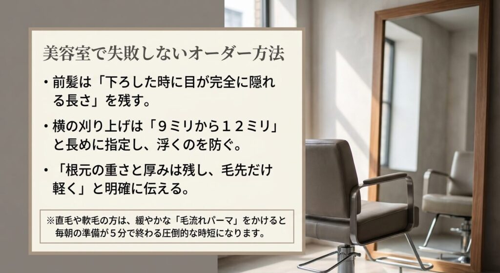 前髪の長さ、横の刈り上げは9ミリから12ミリ、毛先だけ軽くするなど、美容室でセンターパートを失敗しないためのオーダー方法