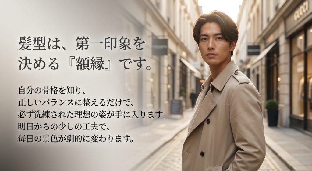 髪型は第一印象を決める額縁。自分の骨格を知り正しいバランスに整えることで、必ず洗練された理想の姿が手に入るというメッセージ